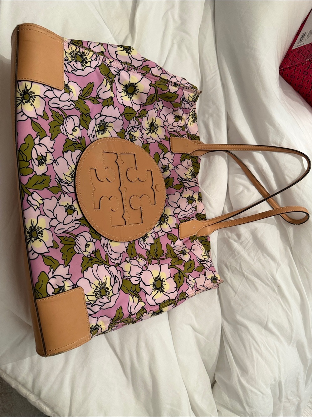Tory Burch Pink Floral Tote with Tan Leather Accents